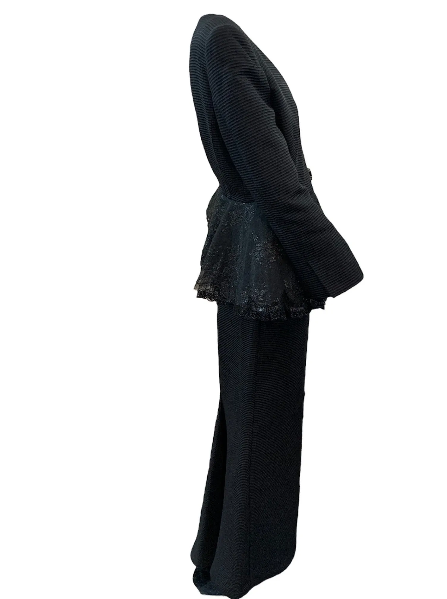 Gianfranco Ferre 80s Black Evening Ensemble with Lace Peplum