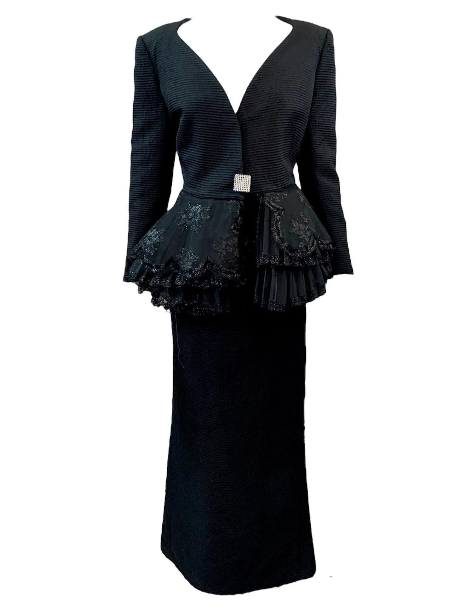 Gianfranco Ferre 80s Black Evening Ensemble with Lace Peplum