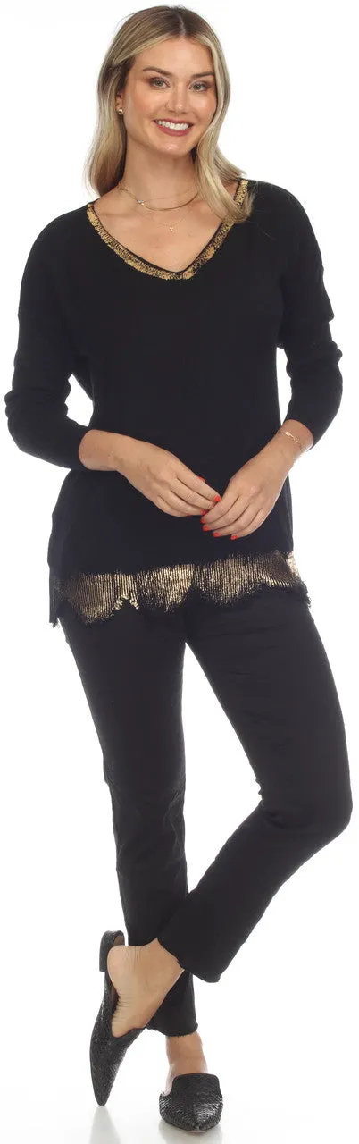 Gold foil trim V-neck Sweater-Black