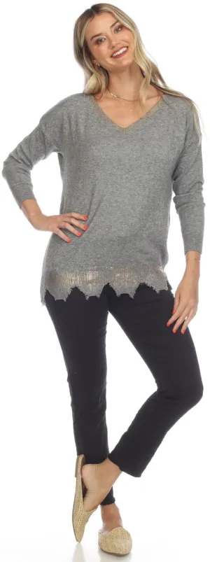 Gold foil trim V Neck Sweater-Heather