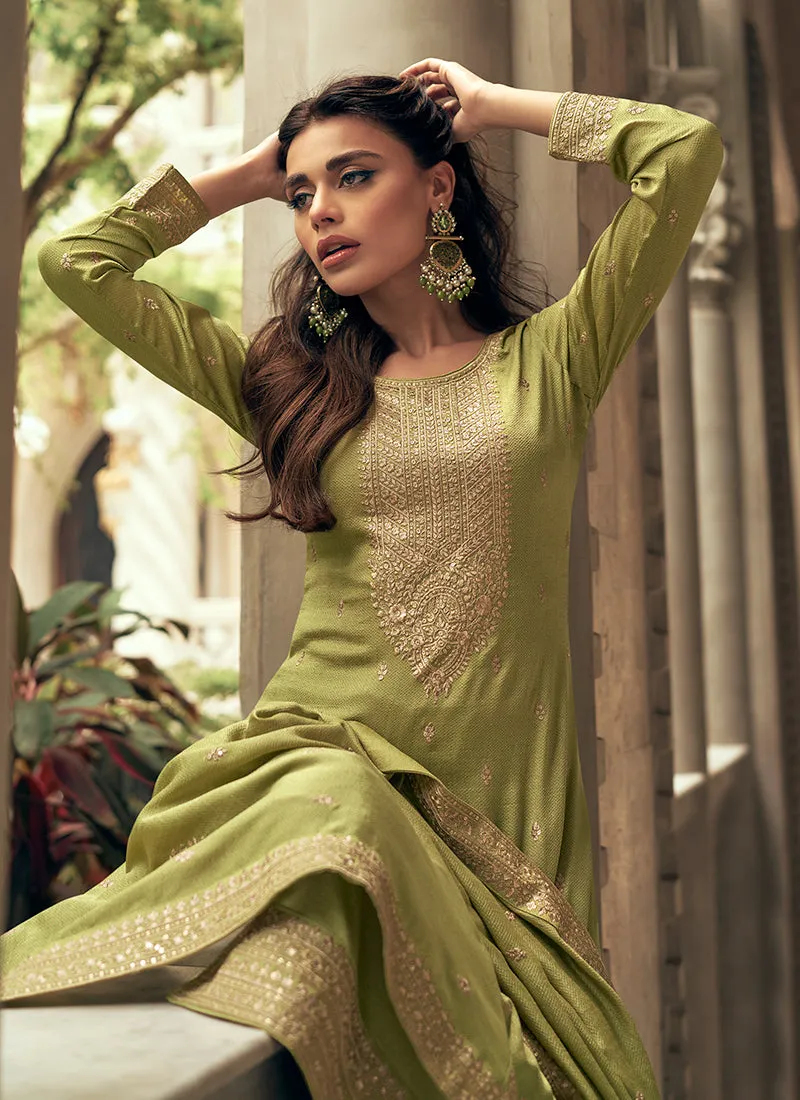 Green Colour Embroidered Pant Style Suit