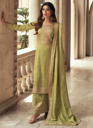 Green Colour Embroidered Pant Style Suit