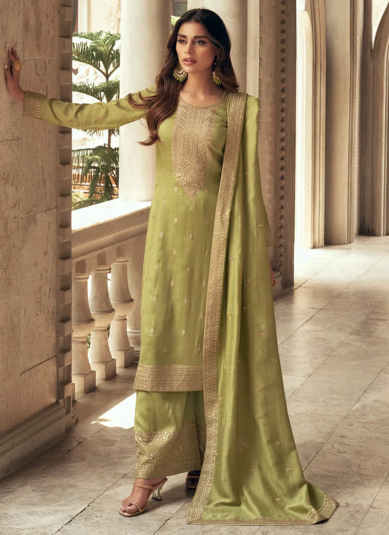 Green Colour Embroidered Pant Style Suit