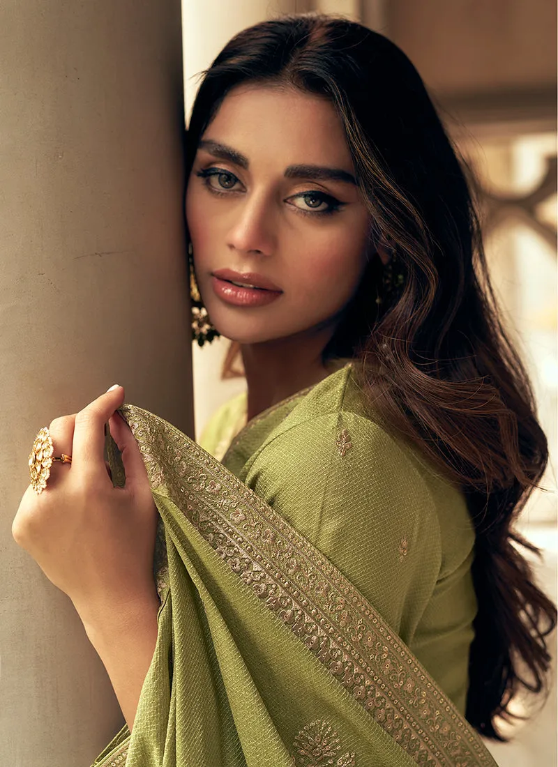 Green Colour Embroidered Pant Style Suit