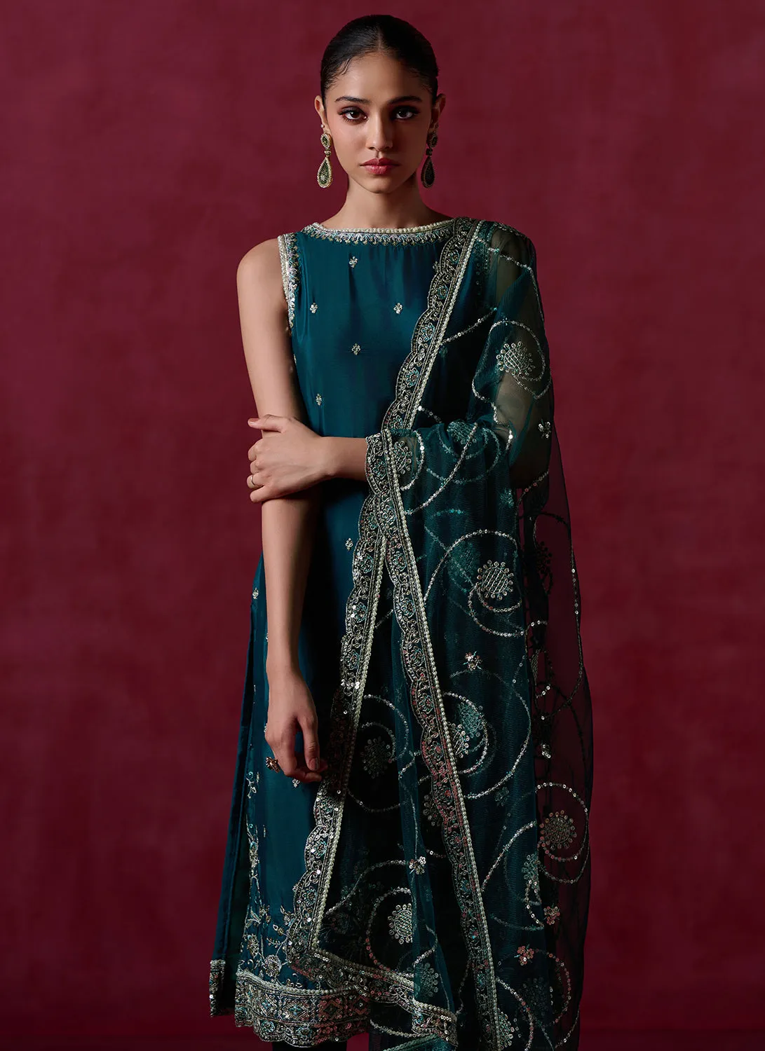 Green Embroidered Crepe Silk Straight Suit