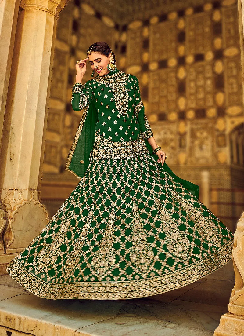 Green Golden Zari Detailed Wedding Lehenga Kurti