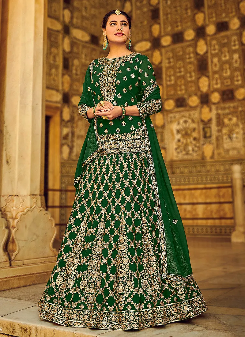 Green Golden Zari Detailed Wedding Lehenga Kurti