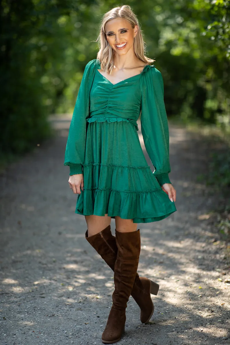 Green Ruched Bodice Tiered Skirt