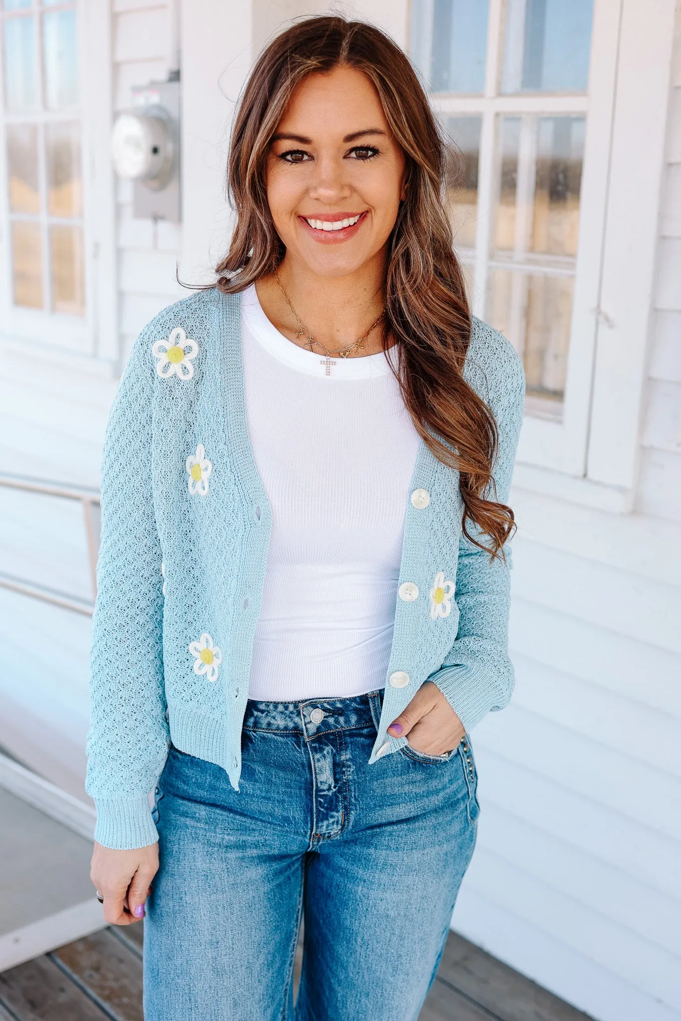 Hanna Flower Cardigan - Light Blue