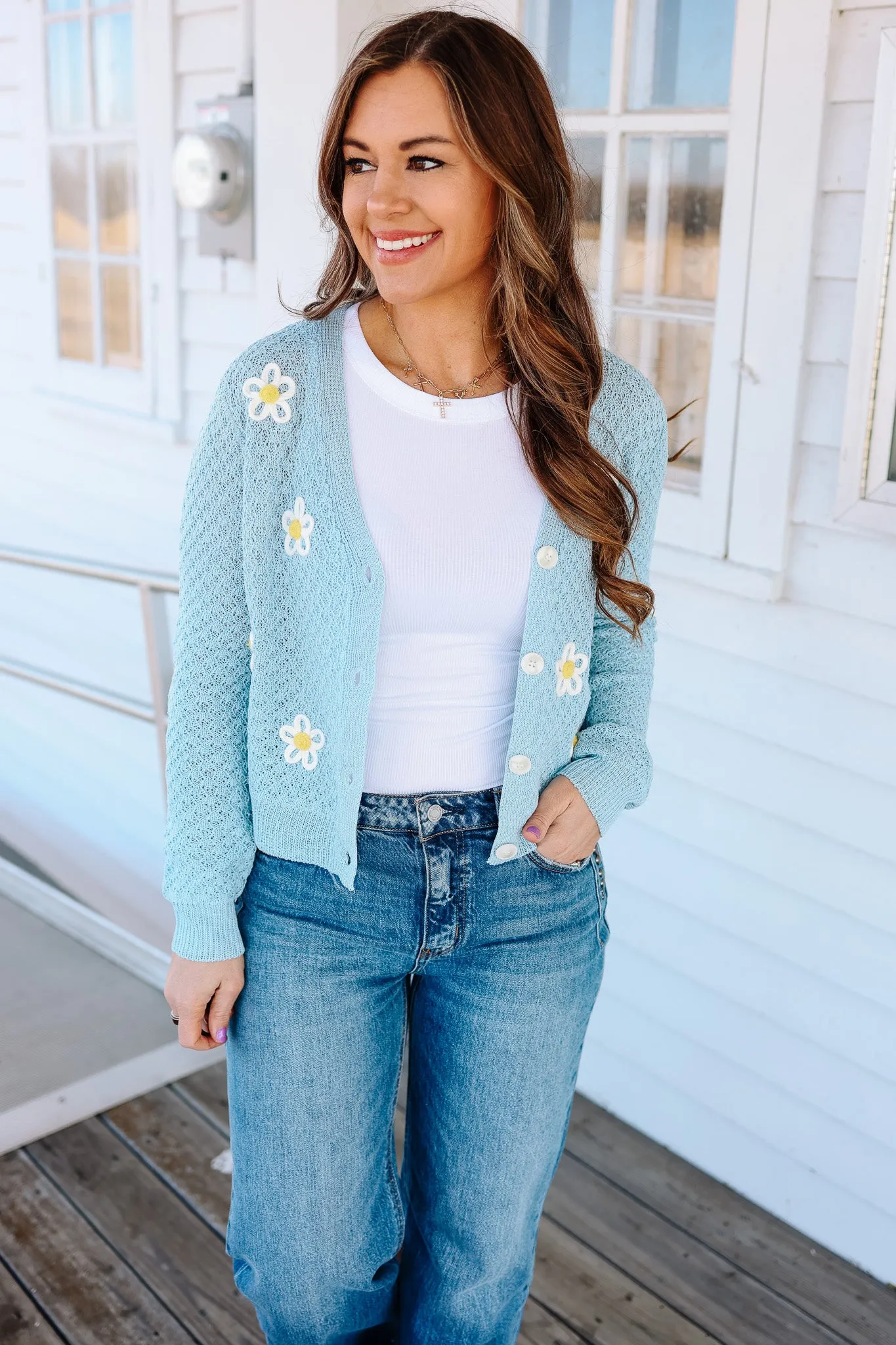 Hanna Flower Cardigan - Light Blue