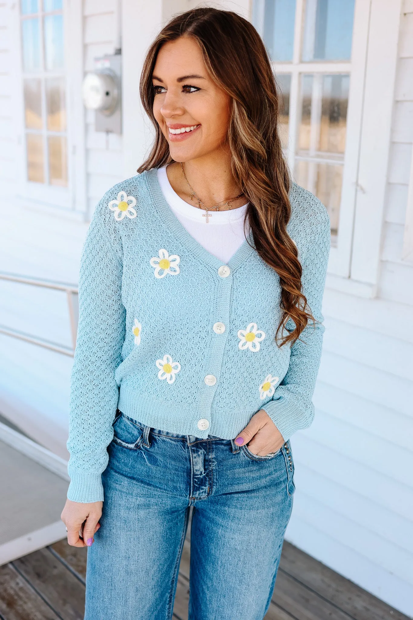 Hanna Flower Cardigan - Light Blue