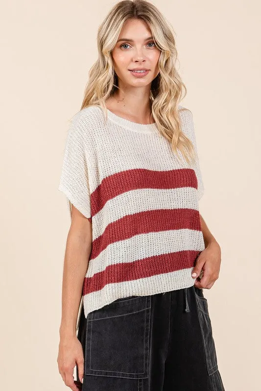 Hazel Blues® |  Mittoshop Contrast Striped Round Neck Short Sleeve Sweater