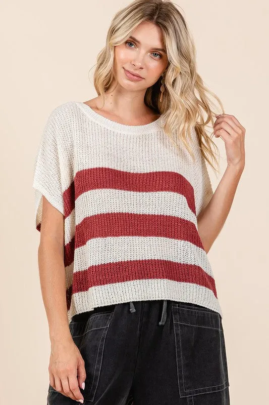 Hazel Blues® |  Mittoshop Contrast Striped Round Neck Short Sleeve Sweater