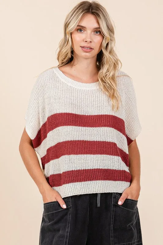 Hazel Blues® |  Mittoshop Contrast Striped Round Neck Short Sleeve Sweater
