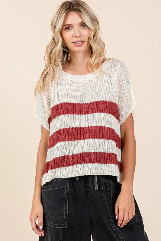 Hazel Blues® |  Mittoshop Contrast Striped Round Neck Short Sleeve Sweater