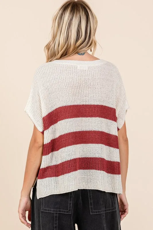 Hazel Blues® |  Mittoshop Contrast Striped Round Neck Short Sleeve Sweater