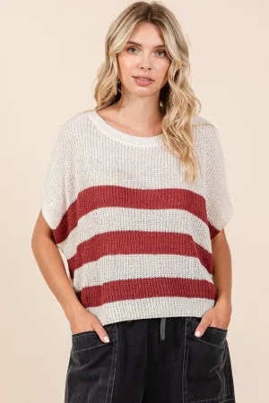 Hazel Blues® |  Mittoshop Contrast Striped Round Neck Short Sleeve Sweater