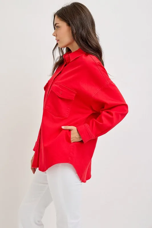 Hazel Blues® |  RISEN Button Down Long Sleeve Denim Shacket with Chest Pockets