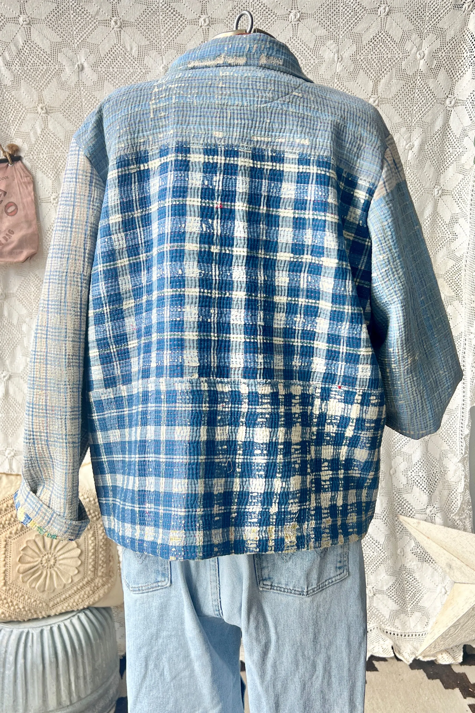 HF187 The Highlands Foundry Blue Plaid Kantha Quilt Utility Jacket