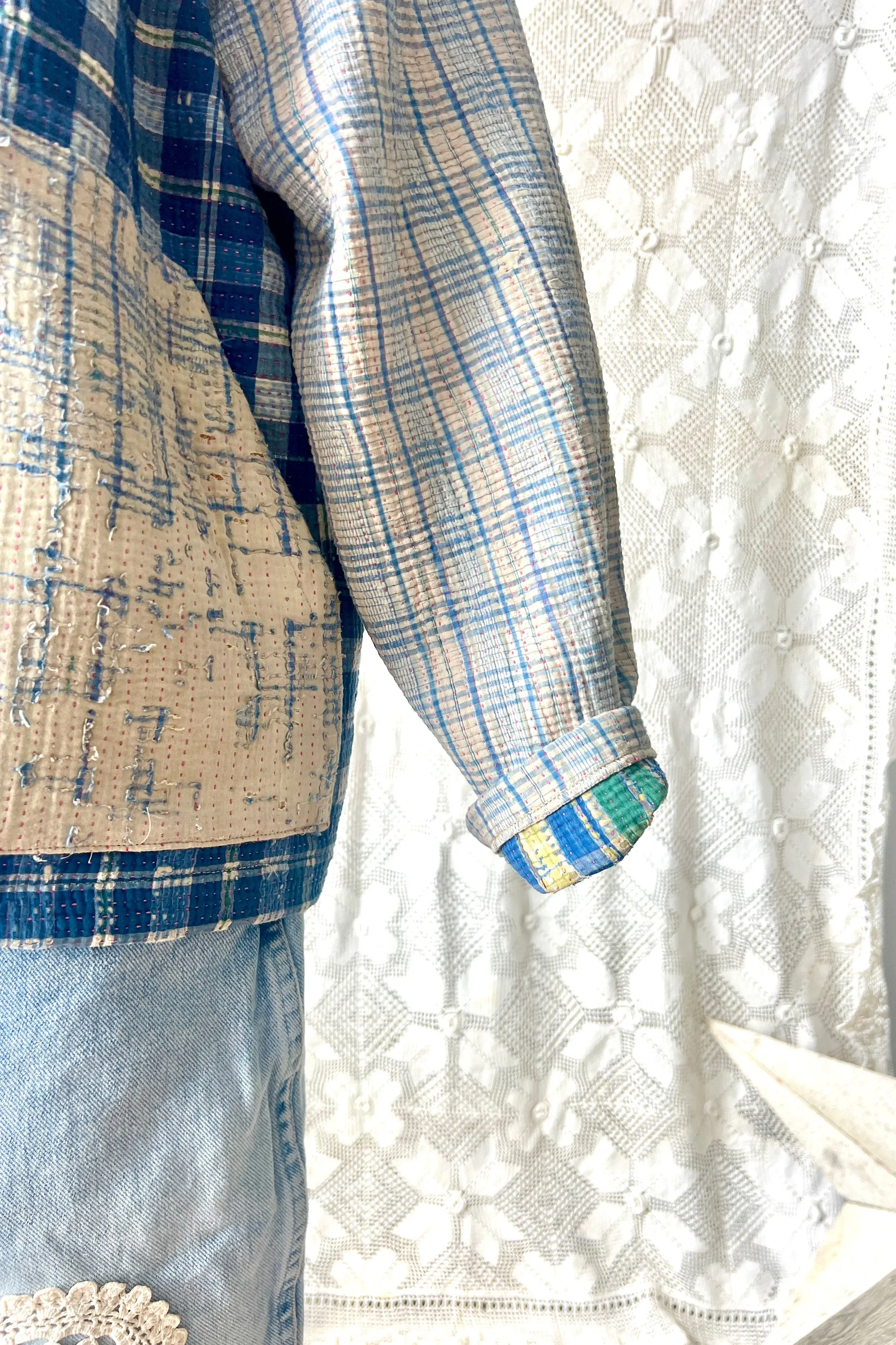 HF187 The Highlands Foundry Blue Plaid Kantha Quilt Utility Jacket