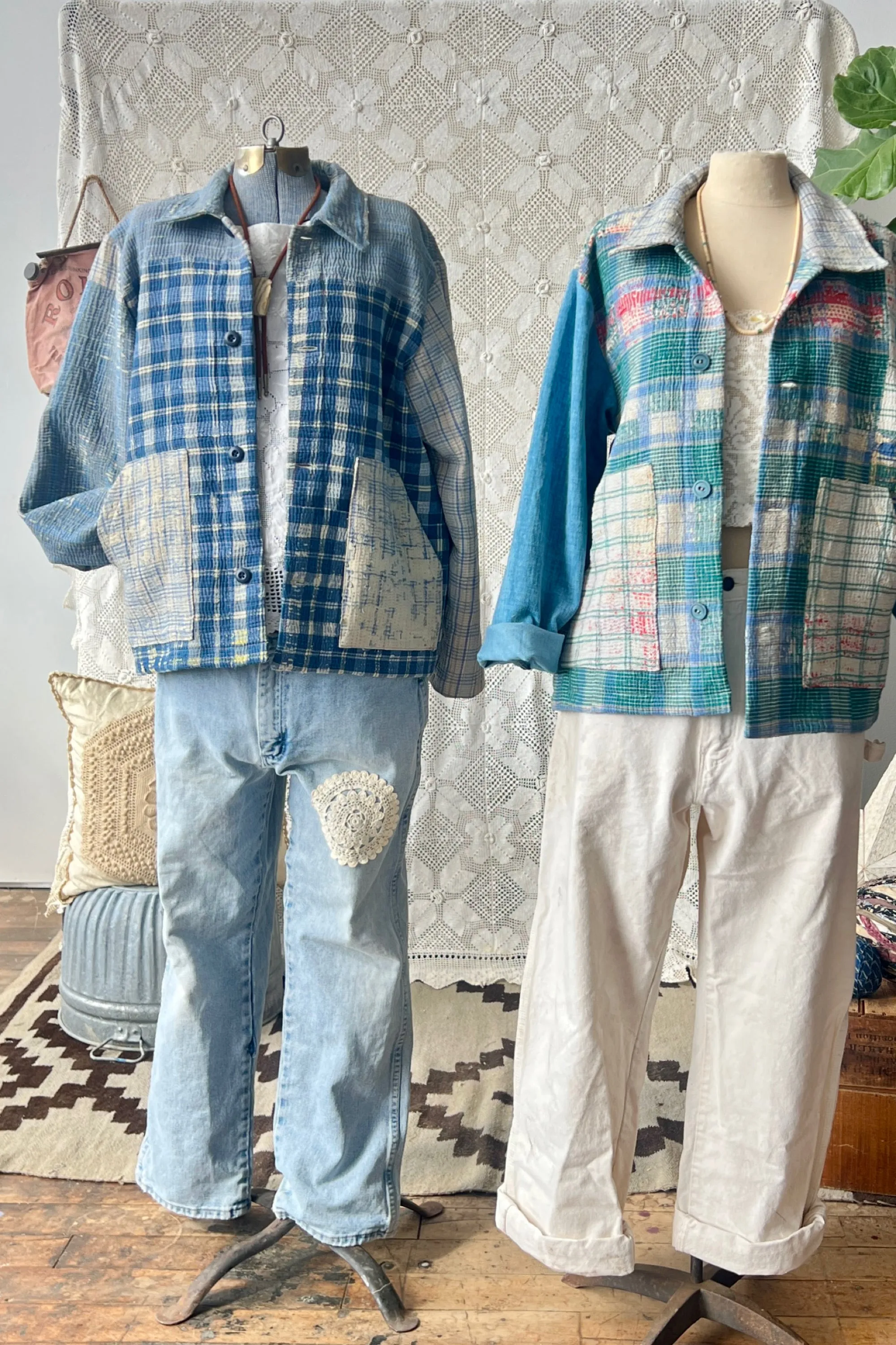 HF187 The Highlands Foundry Blue Plaid Kantha Quilt Utility Jacket
