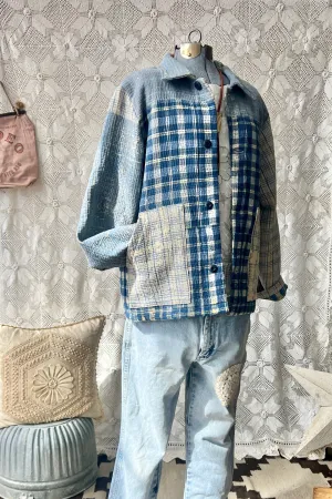 HF187 The Highlands Foundry Blue Plaid Kantha Quilt Utility Jacket