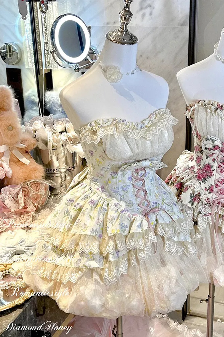 Ivory [Flower Story] Tulip Print Bowknot Lace Sweet Lolita Skirt