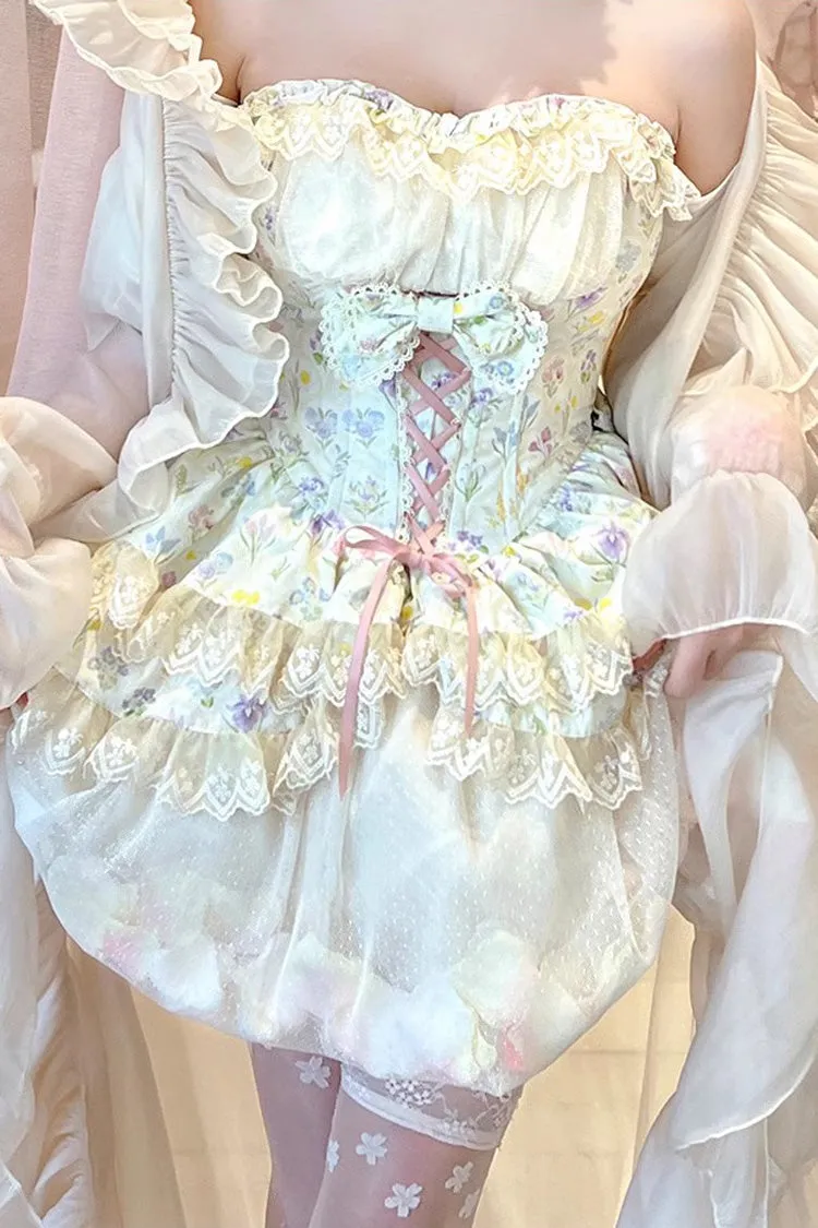Ivory [Flower Story] Tulip Print Bowknot Lace Sweet Lolita Skirt