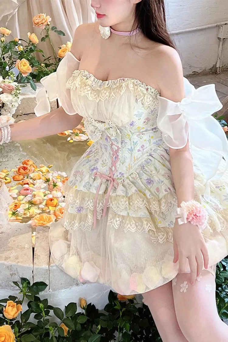 Ivory [Flower Story] Tulip Print Bowknot Lace Sweet Lolita Skirt