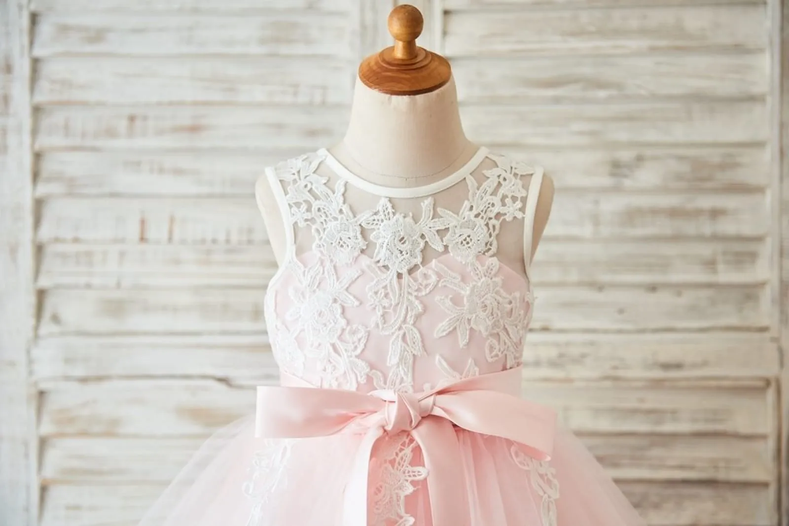Ivory Lace Pink Tulle Wedding Flower Girl Dress, V Back