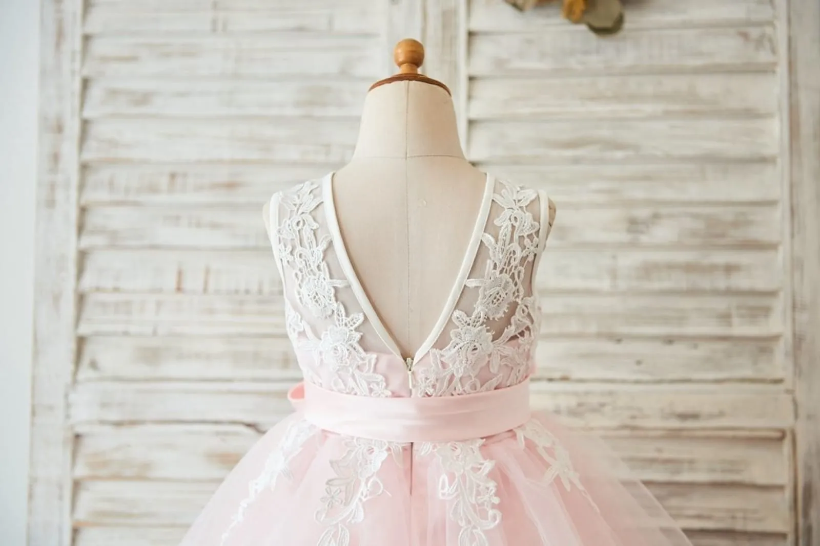 Ivory Lace Pink Tulle Wedding Flower Girl Dress, V Back