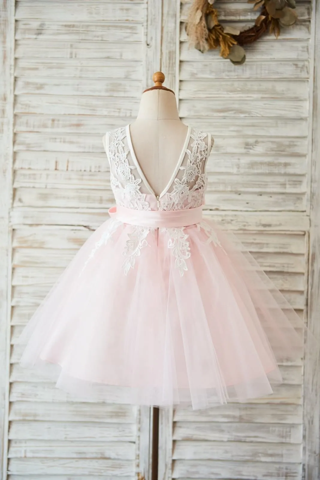 Ivory Lace Pink Tulle Wedding Flower Girl Dress, V Back