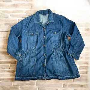 J. Jill 2XL Denim Raw Hem Medium Wash Anorak Utility Jacket Stretchy Cinch Waist