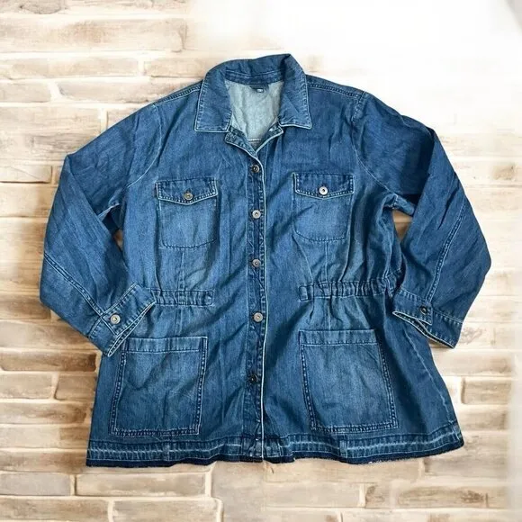J. Jill 2XL Denim Raw Hem Medium Wash Anorak Utility Jacket Stretchy Cinch Waist