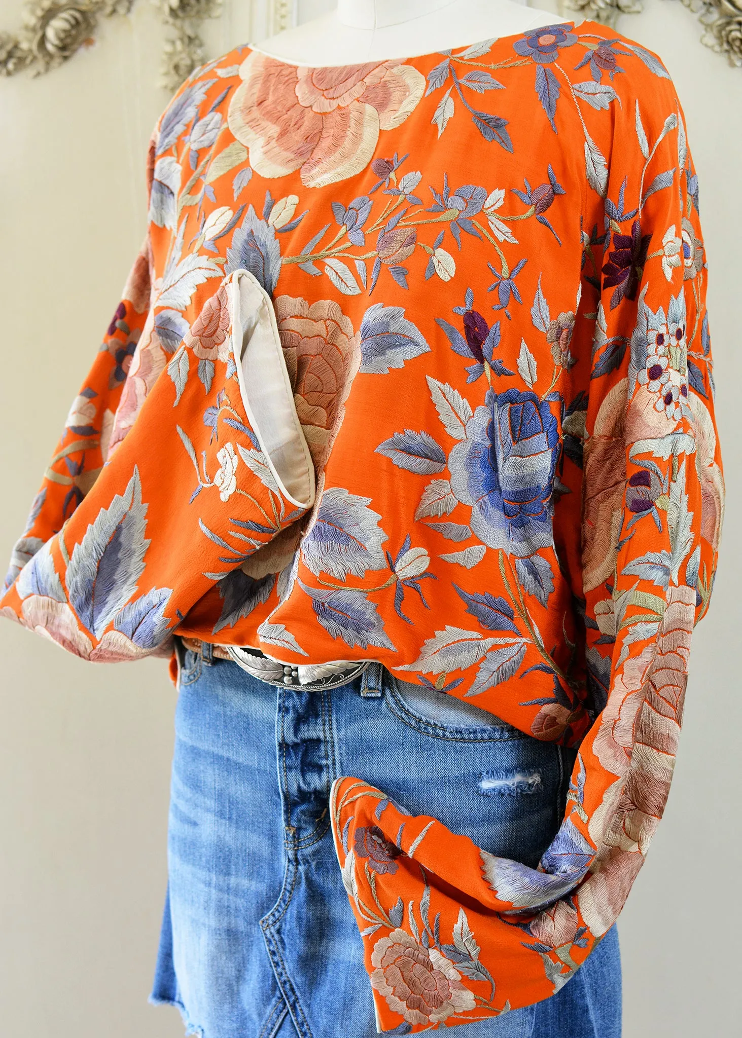 Jude Antique Hand Embroidered Burnt Orange Silk Crepe Crop Top