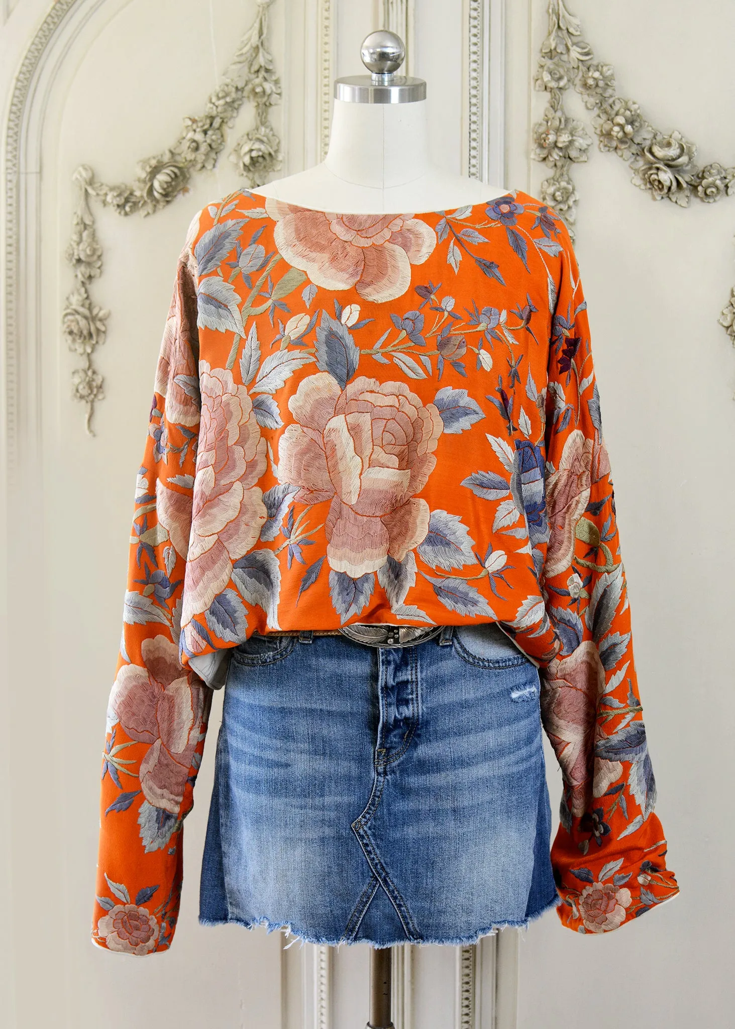 Jude Antique Hand Embroidered Burnt Orange Silk Crepe Crop Top