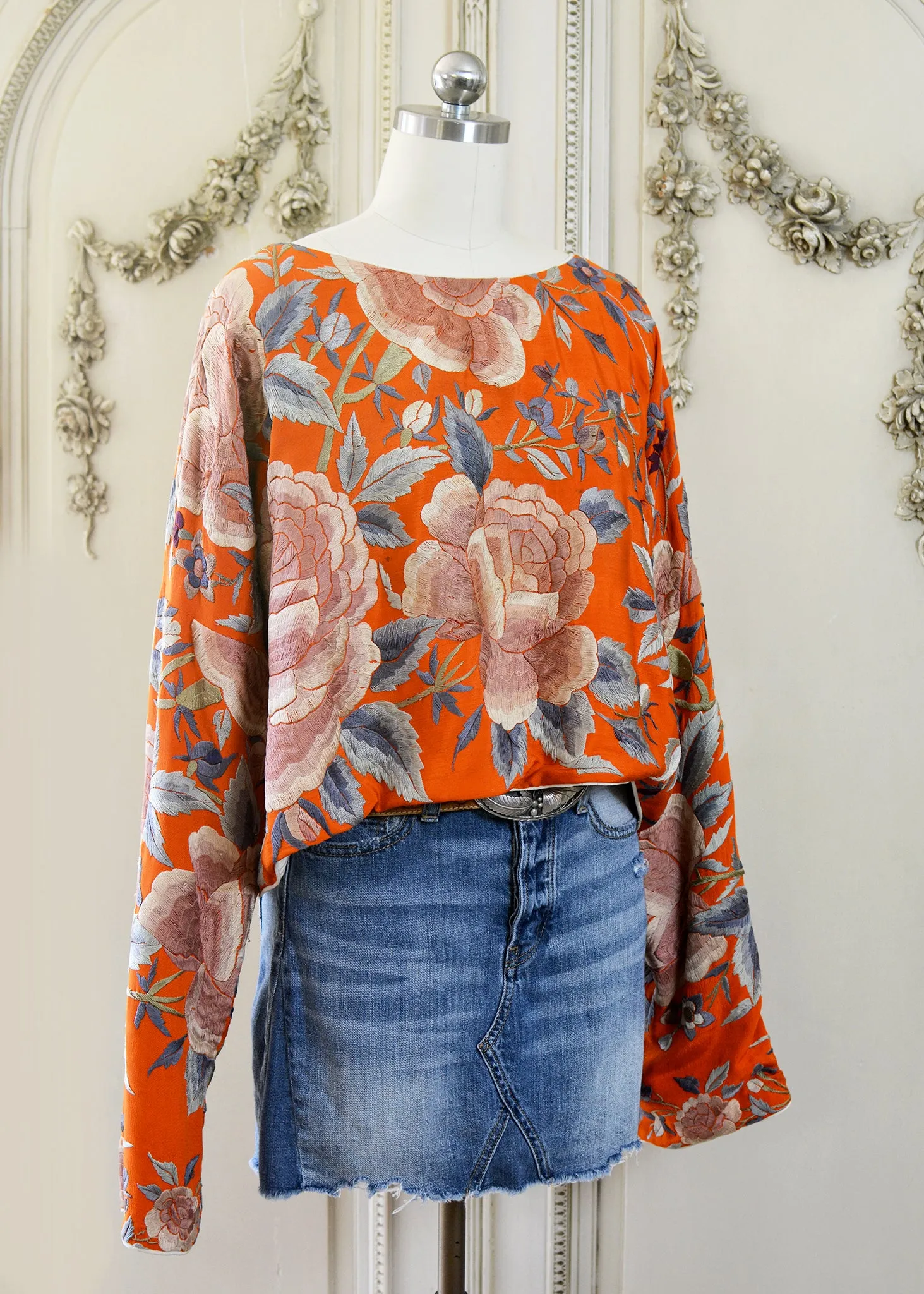 Jude Antique Hand Embroidered Burnt Orange Silk Crepe Crop Top