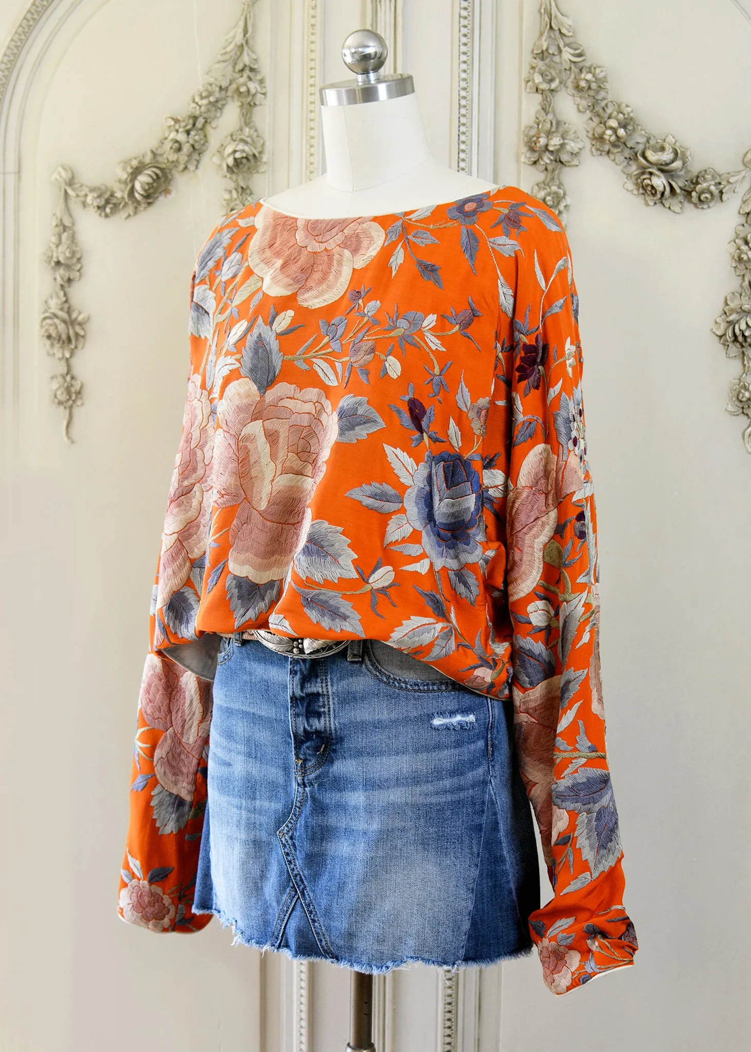 Jude Antique Hand Embroidered Burnt Orange Silk Crepe Crop Top
