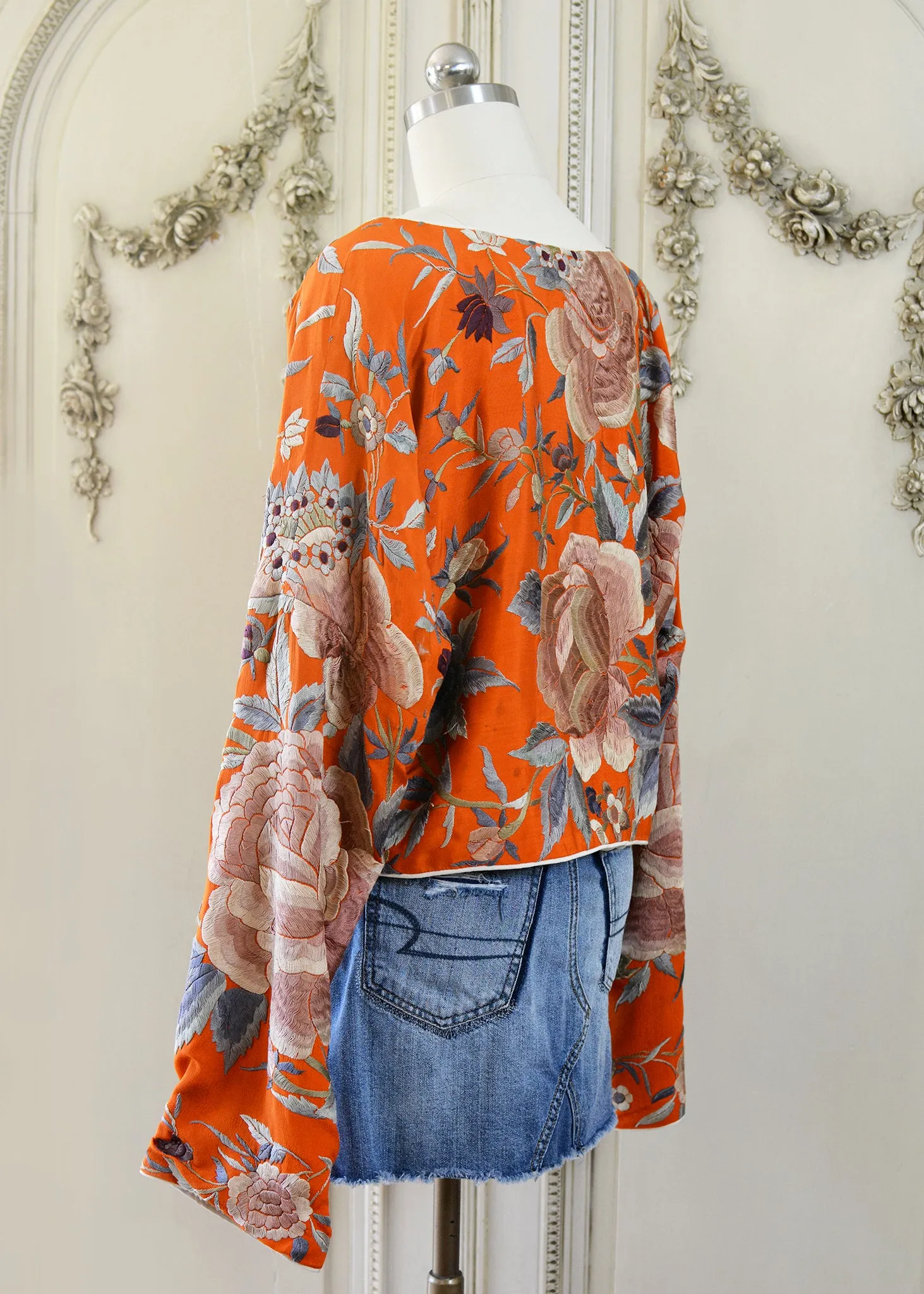 Jude Antique Hand Embroidered Burnt Orange Silk Crepe Crop Top