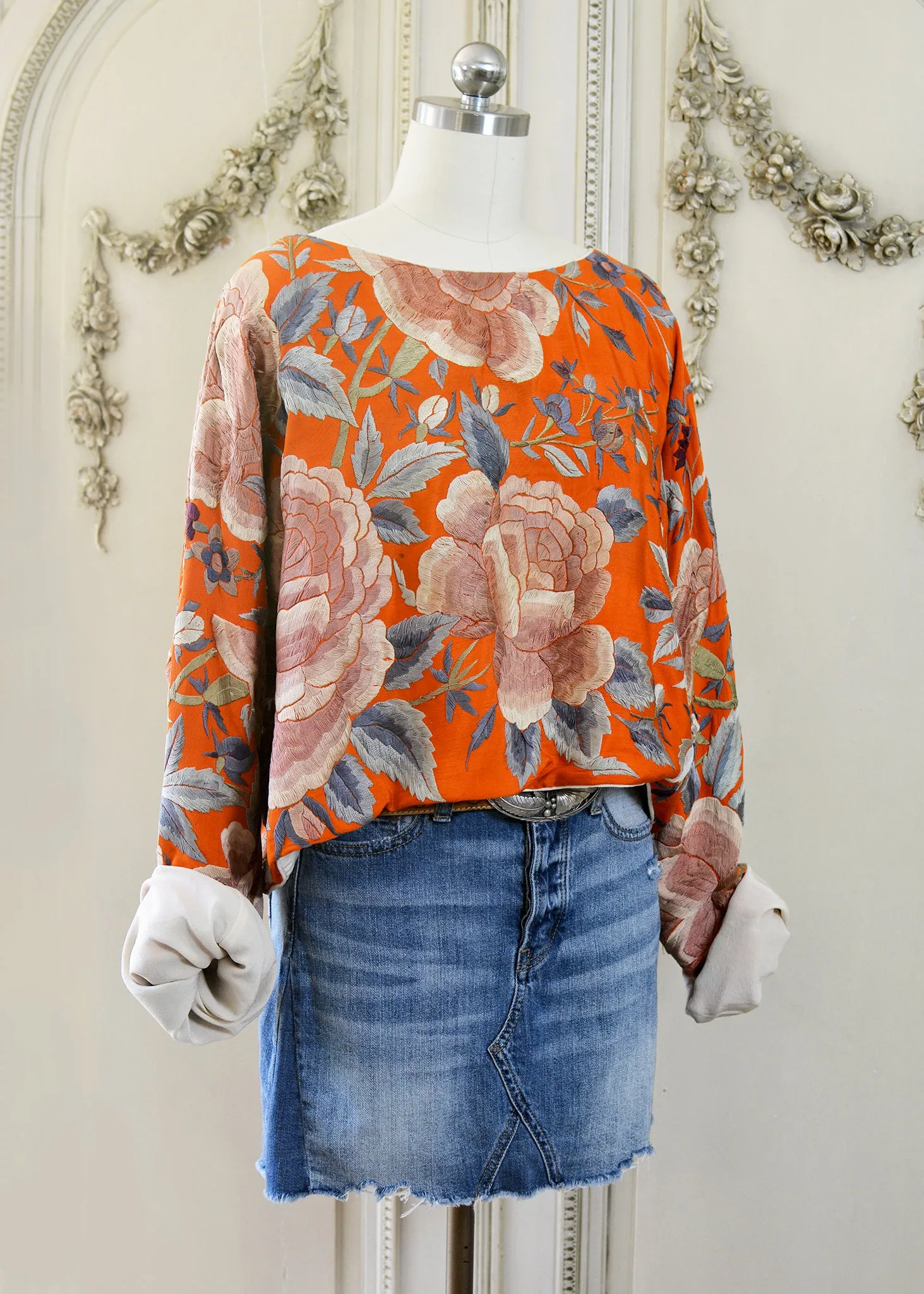 Jude Antique Hand Embroidered Burnt Orange Silk Crepe Crop Top
