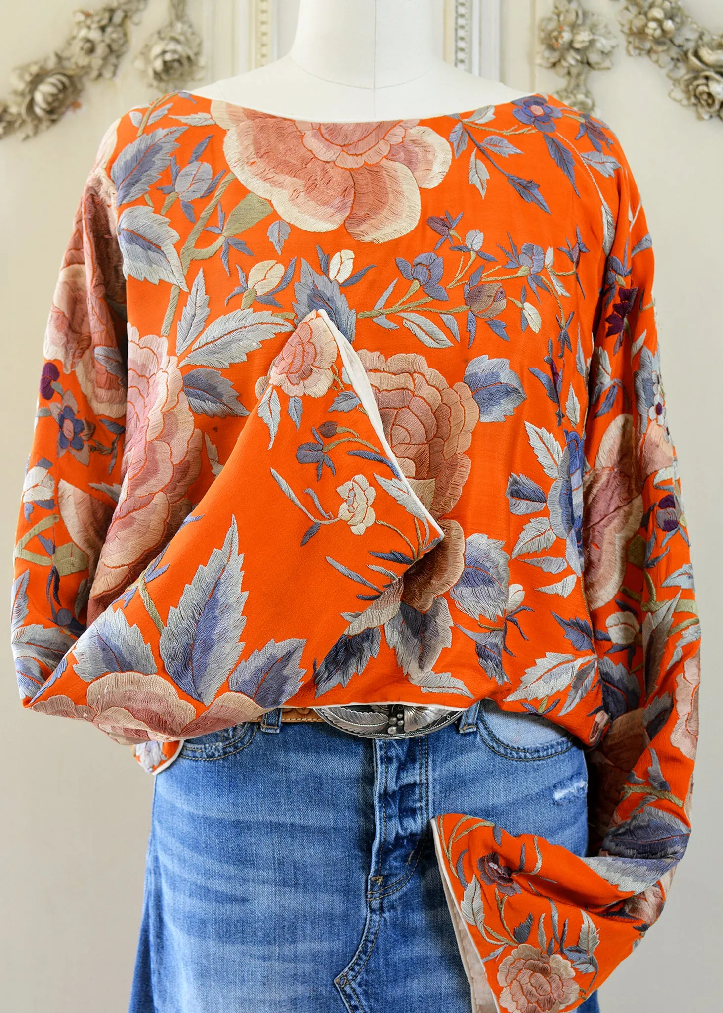 Jude Antique Hand Embroidered Burnt Orange Silk Crepe Crop Top