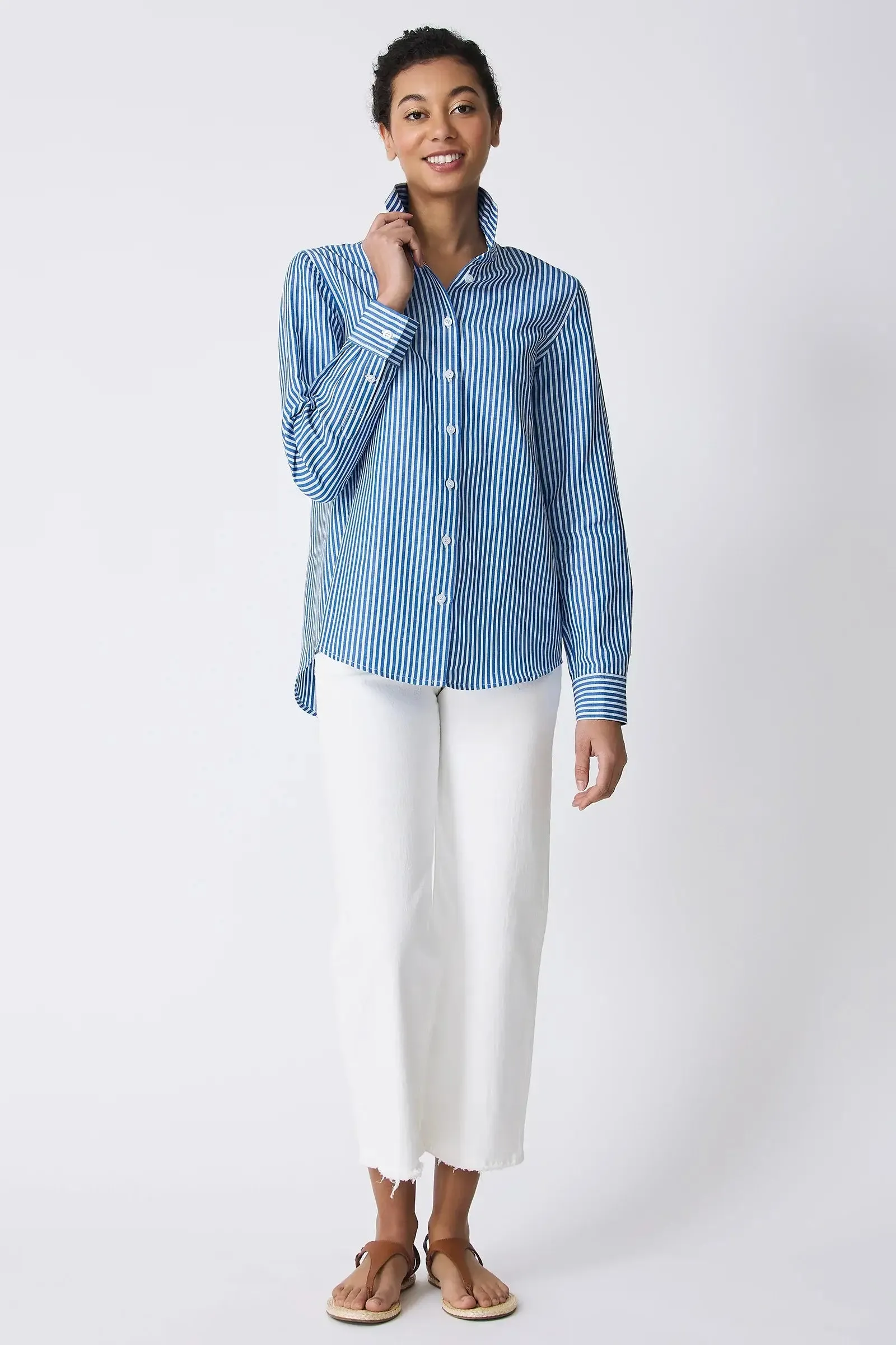 Kal Rieman Ginna Box Pleat Shirt in Blue Stripe