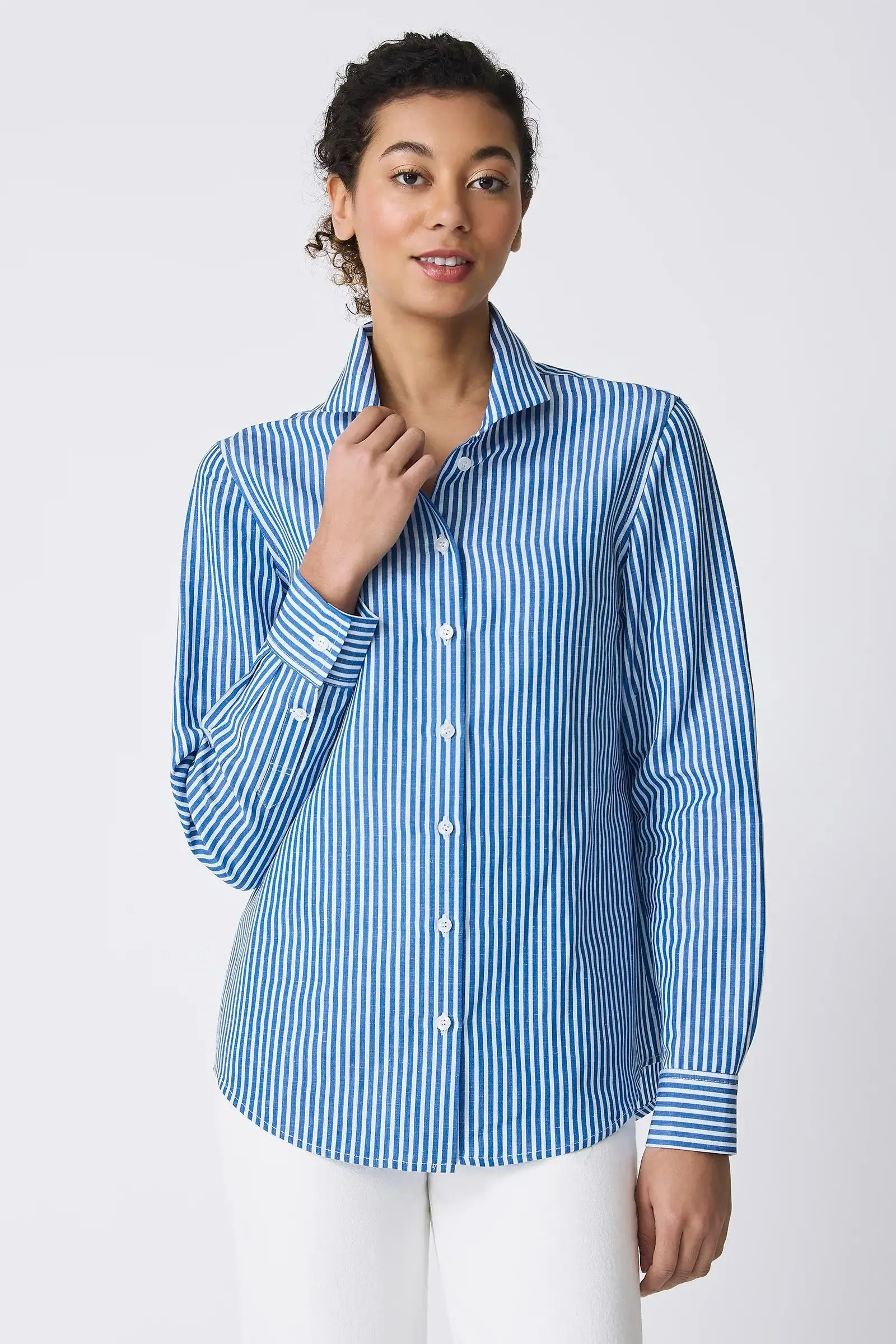 Kal Rieman Ginna Box Pleat Shirt in Blue Stripe