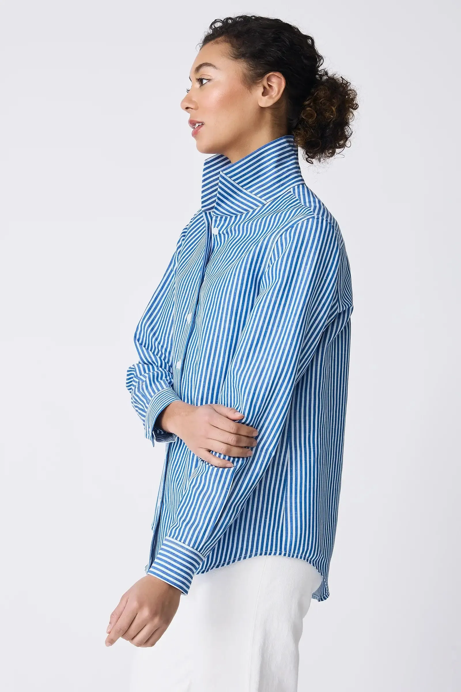 Kal Rieman Ginna Box Pleat Shirt in Blue Stripe