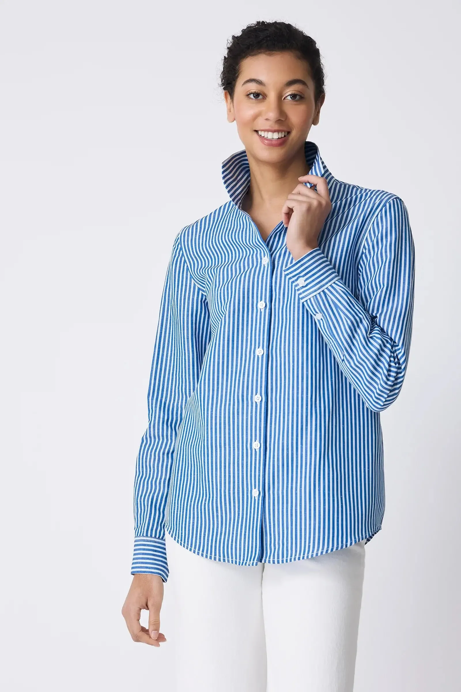 Kal Rieman Ginna Box Pleat Shirt in Blue Stripe