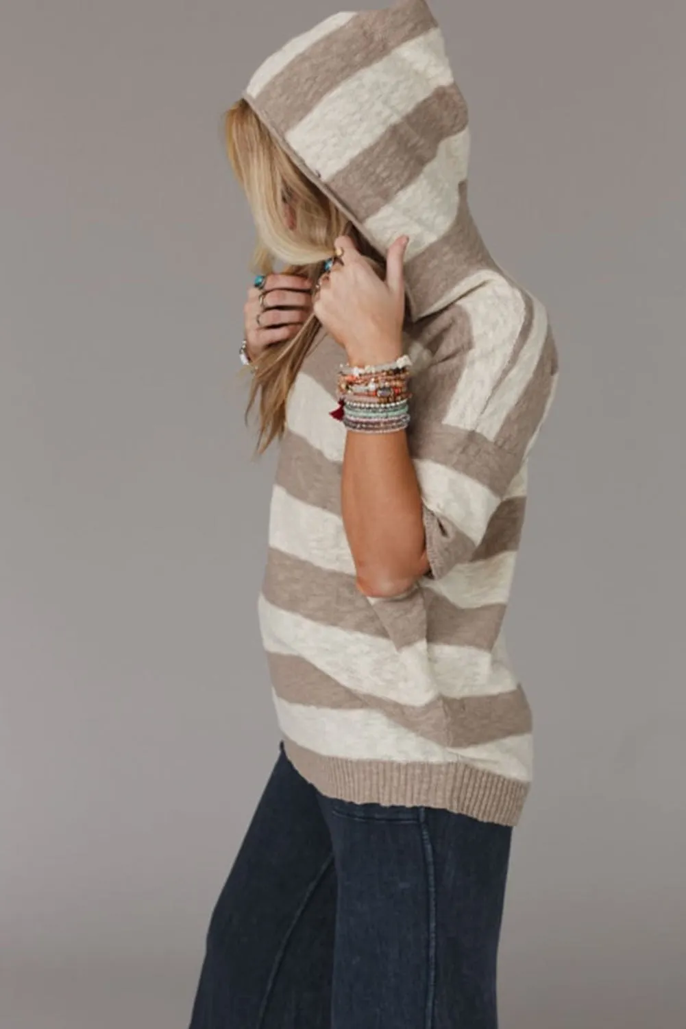 Khaki Stripe Star Short Sleeve Hooded Sweater