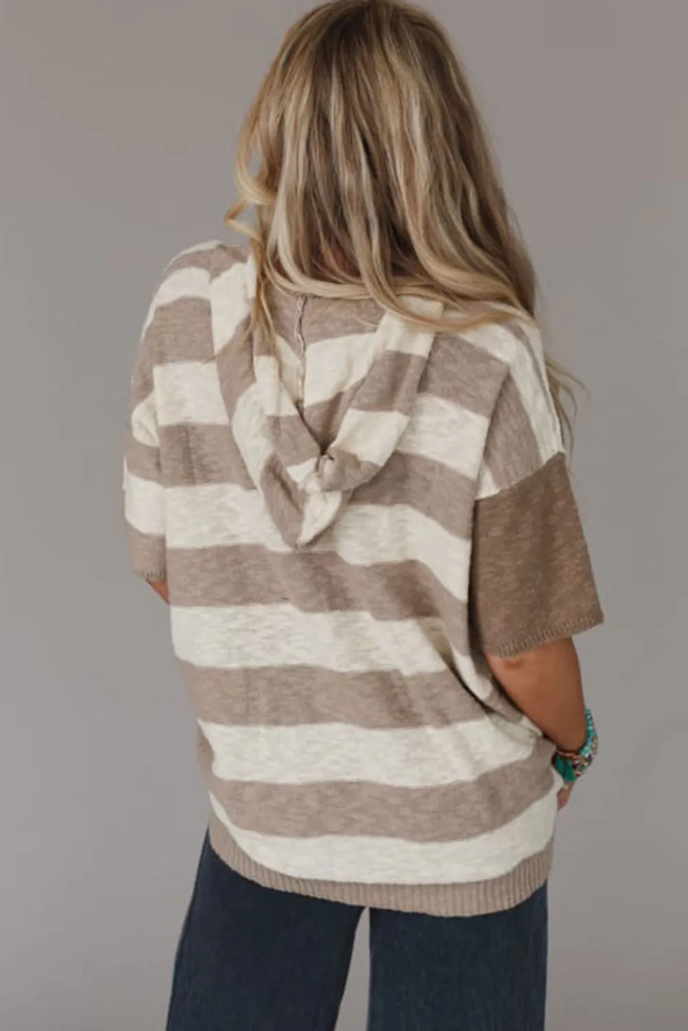 Khaki Stripe Star Short Sleeve Hooded Sweater