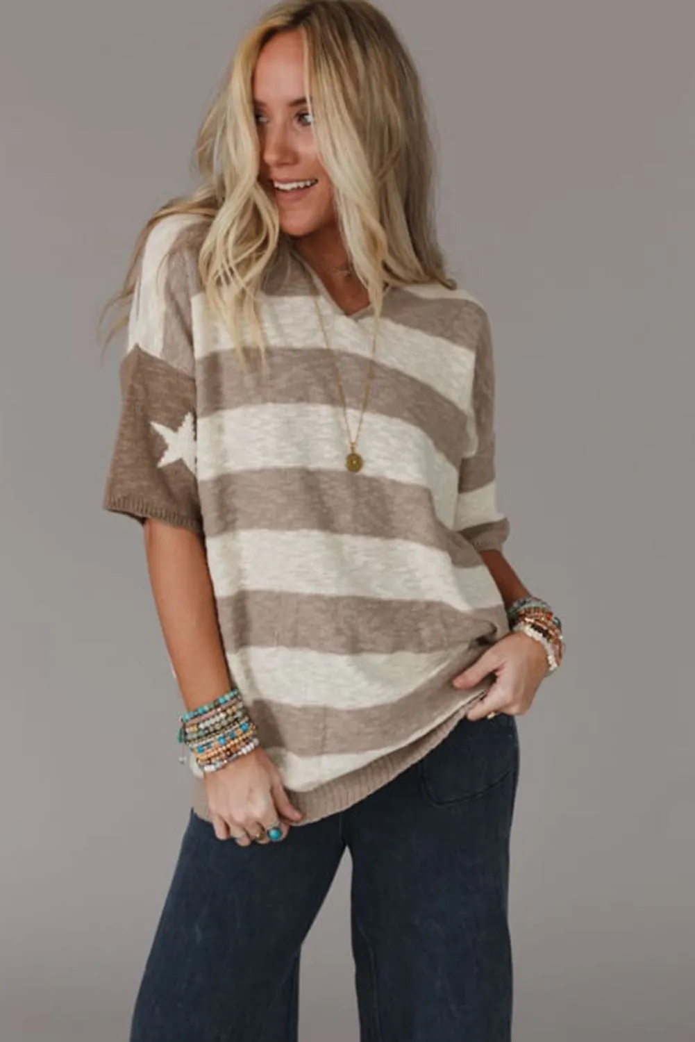 Khaki Stripe Star Short Sleeve Hooded Sweater