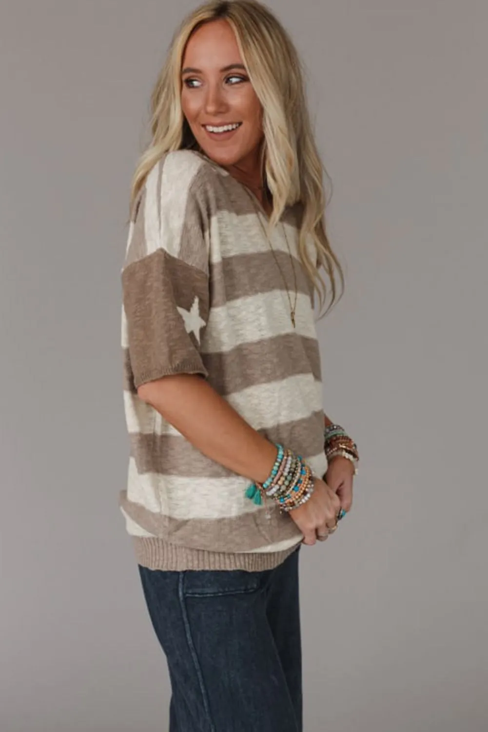 Khaki Stripe Star Short Sleeve Hooded Sweater