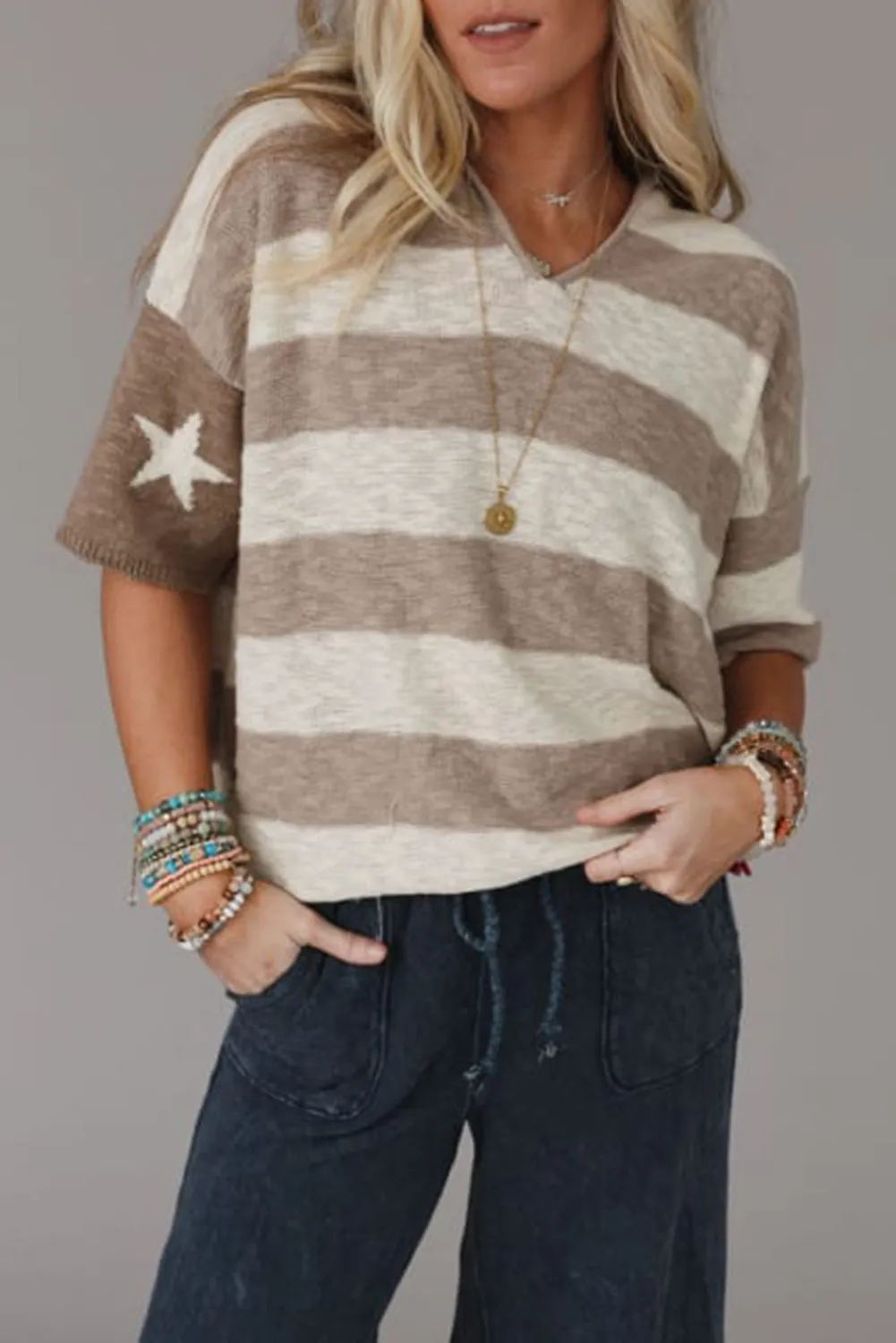 Khaki Stripe Star Short Sleeve Hooded Sweater